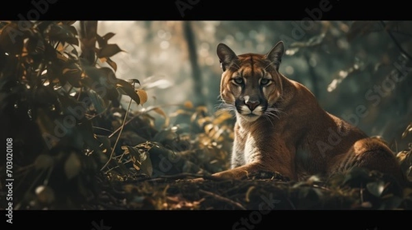 Fototapeta Lew górski spoczywa w kadrowym lekkim lesie.