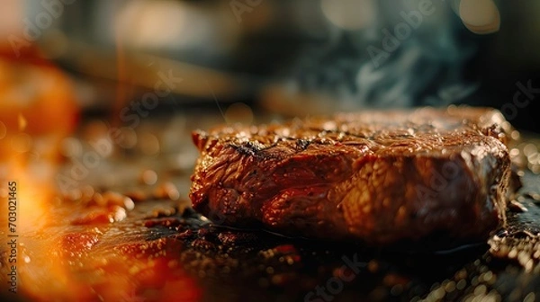 Fototapeta A close-up of a seared steak on a grill, with smoke wafting up.