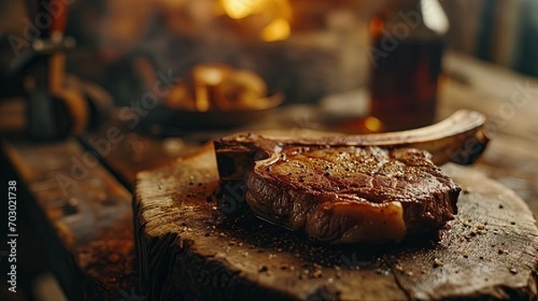 Fototapeta A steak is cooked and set in a cozy, warm environment.