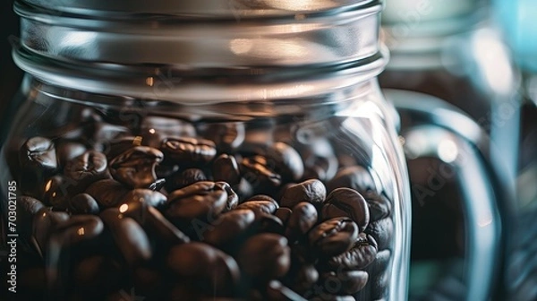 Fototapeta A macro shot of a jar of coffee beans.