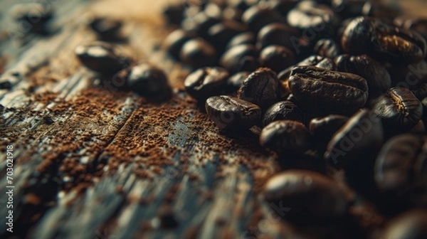 Fototapeta A macro shot of coffee beans on an old counter.