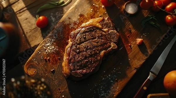 Obraz A cooked steak on a cutting board.