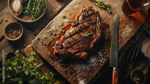 Fototapeta A grilled steak is set on a wooden chopping block.