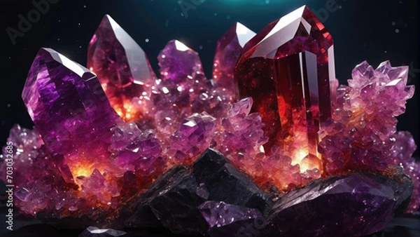 Obraz Red rhodolite crystal, glowing, sparkling drusy crystals.