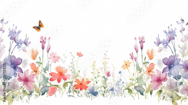 Fototapeta Floral frame with watercolor flowers, decorative flower background pattern, watercolor floral border background