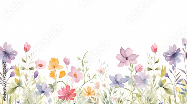 Fototapeta Floral frame with watercolor flowers, decorative flower background pattern, watercolor floral border background