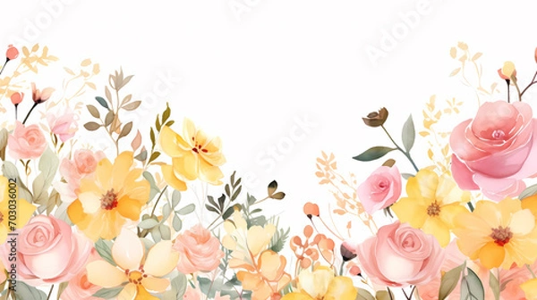 Fototapeta Floral frame with watercolor flowers, decorative flower background pattern, watercolor floral border background