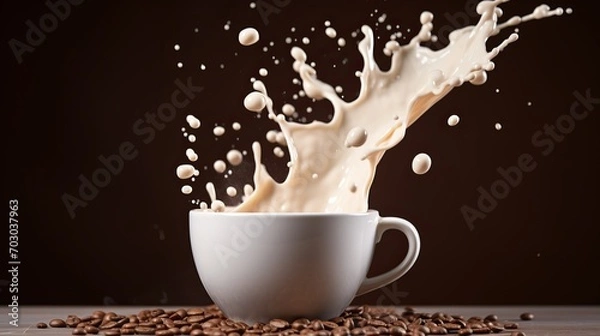 Fototapeta White coffee cup with splashes, beans, and copy space on beige background for text placement