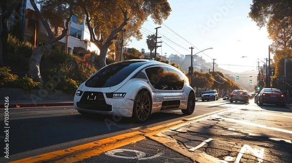 Fototapeta Driverless Robo-Taxi Paused in Traffic: A Glimpse into the Future of Autonomous Transportation