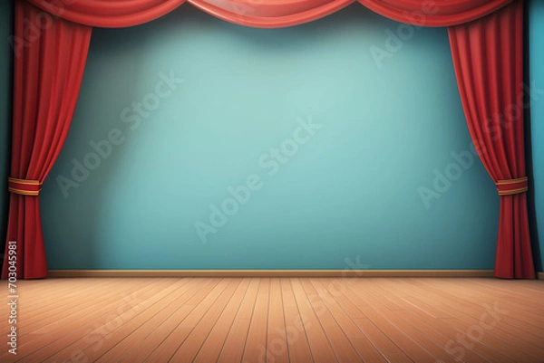 Obraz Cartoon theater stage with red curtains. Classic theatre scene for performance, opera, concert, dance or music show. Background, ai generative