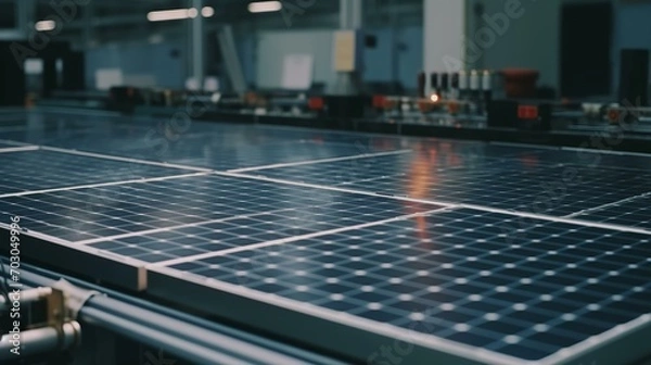 Fototapeta 未来へのエネルギー・工場で生産されるソーラーパネル・太陽光ソーラーパネルの製造風景
