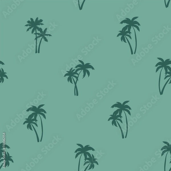Fototapeta Half-drop seamless repeat pattern with ditsy tonal teal green palm tree silhouettes. Men's, boys, tropical beach, shirt print and more.