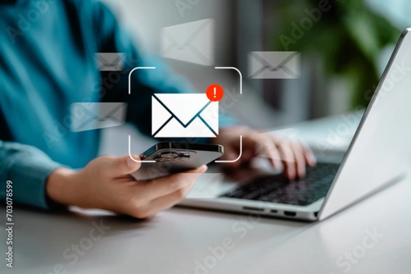 Fototapeta Women using smartphones check email notifications inbox have spam viruses message with warning caution, junk and trash mail, security terms cybersecurity concept.