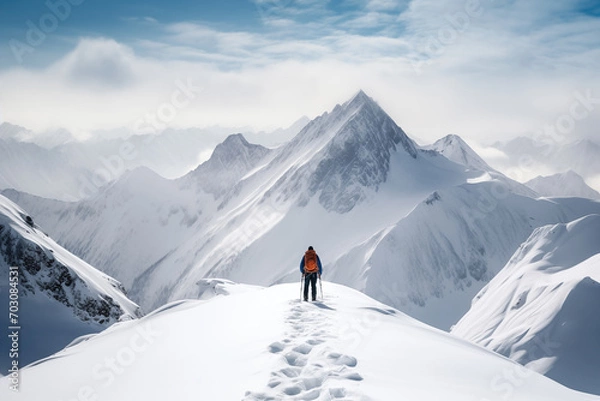 Fototapeta A mountaineer in mountains approaching a majestic snowy mountain peak amidst a snowfall and snow storm. Solitude and determination, adventure and challenge of climbing in extreme conditions