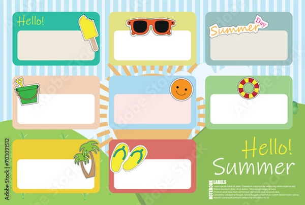 Fototapeta Summer Labels. Summer Notebook Labels. Pastel Name Labels.  School Book Labels Template.