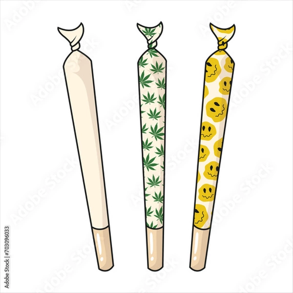 Obraz Marijuana joint isolated on white background. Spliff, smoking drug cigarette. Vector illustration. Joint with marijuana print. 
