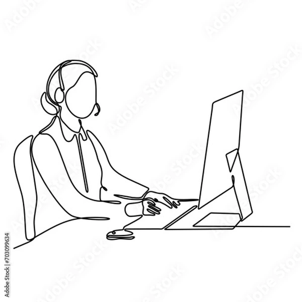 Fototapeta Single continuous line drawing of young confused call center worker answering phone call from talkative customer in front laptop. Help desk center care concept one line draw design vector illustration