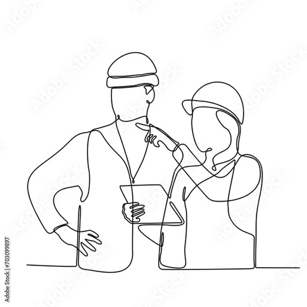 Fototapeta continuous line art Construction, business, engineering, project plan concept. Young female master business woman explaining to the builder the instructions and requirements of the foreman. Teamwork, 