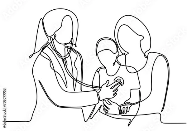 Fototapeta 
continuous line art Medical examination in hospital concept. The doctor listens to the child's chest, checks the heartbeat using a stethoscope