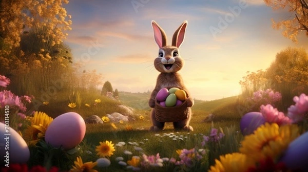 Fototapeta Easter bunny with a basket of colorful eggs in the garden at sunset.