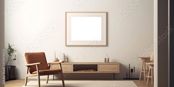 Fototapeta A PNG mockup frame, featuring a clear background, is elegantly displayed on the wall of a living room, providing a customizable element for showcasing artwork. Photorealistic illustration