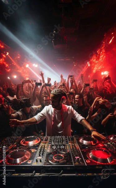 Obraz dj with dj set plays set on concert in bright stage lights. Professional disc jockey playing electronic music on festival in night club