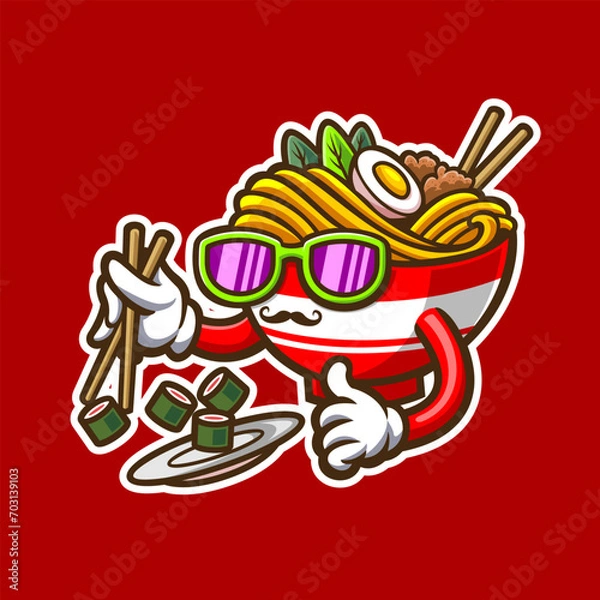 Obraz illustration of cute cartoon ramen character enjoy sushi