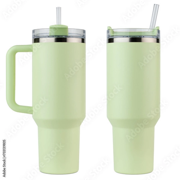 Fototapeta Tumbler. Reusable water bottle. Travel cup for drinking. Simple modern classic Insulated tumbler with straw and flip lid. Stainless Steel bottle. Thermos mug for iced coffee, tea. Isolated background