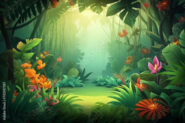 Obraz cartoon illustration of background morning jungle. Bright jungle with ferns and flowers. For design game, websites and mobile phones, printing. AI generative