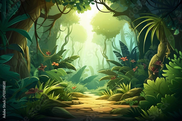 Obraz Tropical jungle background, Amazon forest, wildlife, animal, waterfall, exotic birds, trees, nature, art AI Generative