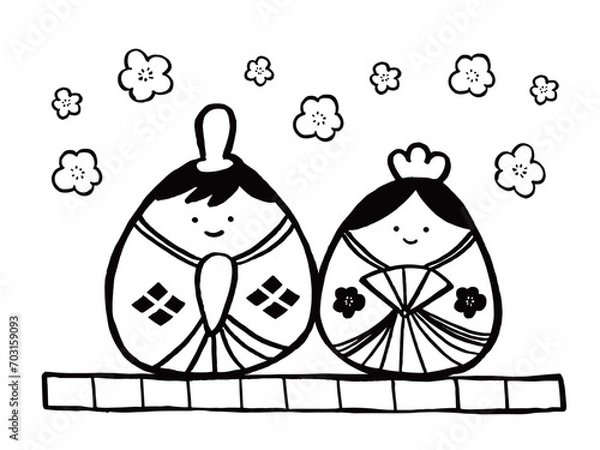 Fototapeta かわいいひな祭りのモノクロ塗り絵イラスト／手描きイラスト素材A