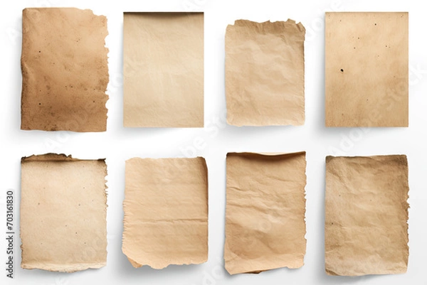 Fototapeta Group of Old worn paper sheet isolated on transparent background
