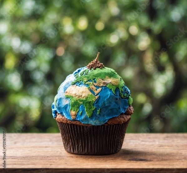 Fototapeta Cupcake with world map on wooden table over blurred green background