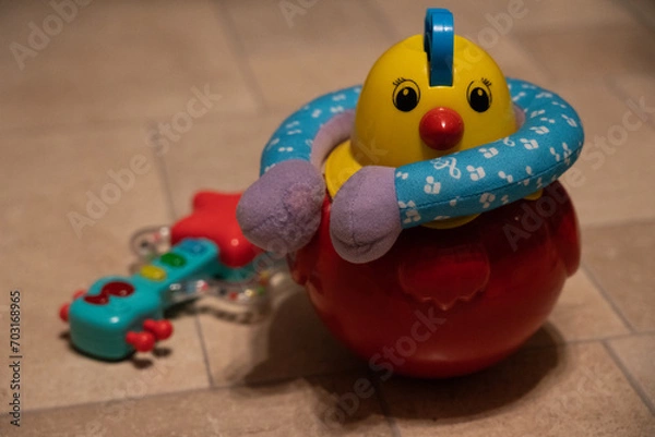 Fototapeta Chicken toy with guitar on background.