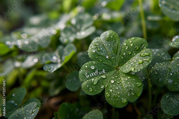 Fototapeta Good luck concept image with four leaves clover and good luck words written