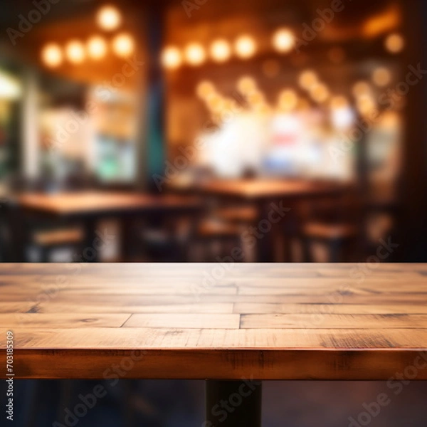 Fototapeta An empty wooden table in a restaurant with blurred background