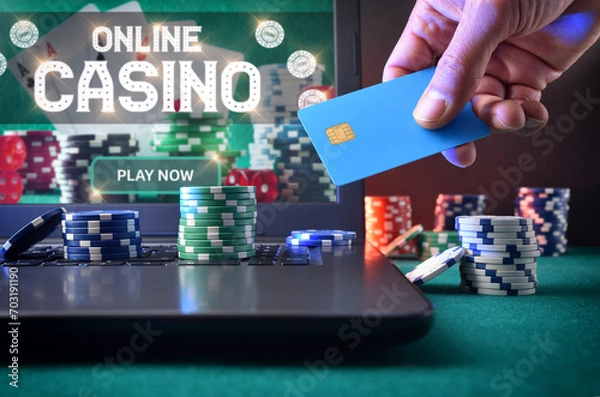Fototapeta Casino game player betting online with laptop front view