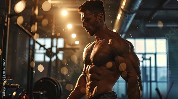 Fototapeta The athlete in the moment of the strength training approach, strained its muscles, expressing dete