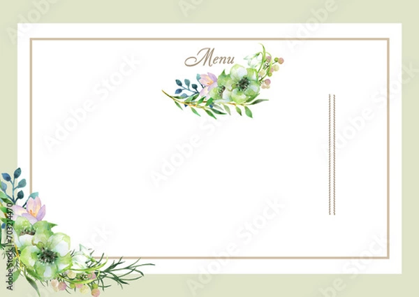 Fototapeta 水彩の緑と白のブーケのメニュー表テンプレート　横型