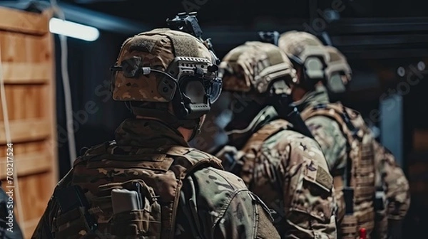 Fototapeta Group of special forces soldiers in a warehouse with weapons are preparing for an operation.