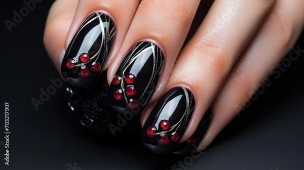 Fototapeta manicure: long nails in the form of almonds in black color with cherries 