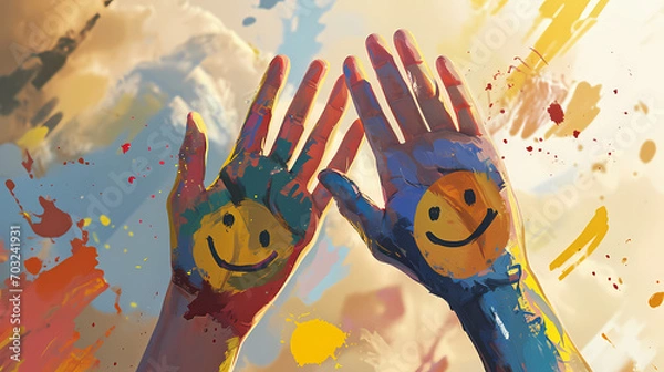 Obraz Hands Painted with Smiley Faces and Color Splashes