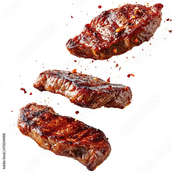 Fototapeta Food photo of Beef Steaks falling flying in the air isolated on white transparent background, grilled meat collection, ultra realistic, PNG