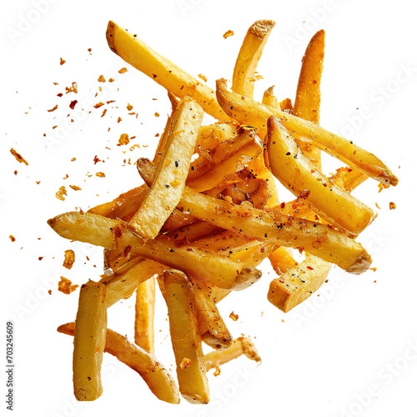 Fototapeta Food photo of  French fries falling flying in the air isolated on white transparent background, ultra realistic, PNG