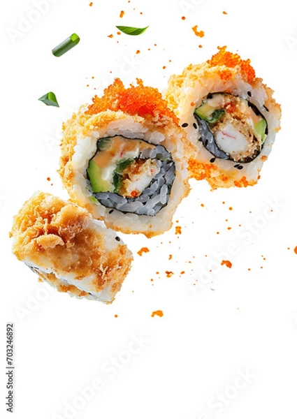 Fototapeta Food photo of Philadelphia Rolls falling flying in the air isolated on white transparent background, angle side view, ultra realistic, PNG