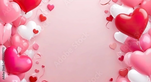 Fototapeta Horizontal banner, Valentine's day baloon hearts make a frame only in the right corner of banner, love large background concept, blank space, high definition.