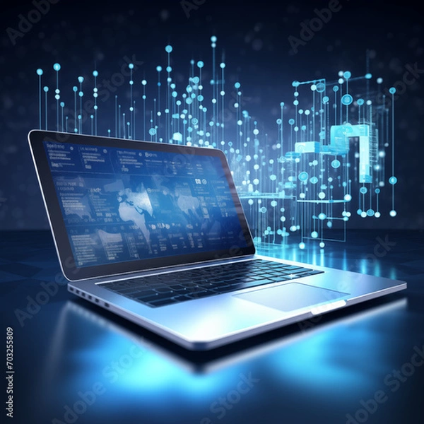 Fototapeta technology laptop with data analysis background