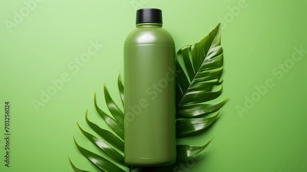 Fototapeta Cream jar, moisturizing lotion, shampoo or other cosmetic product in white blank bottle green background. Top view. Vegan eco friendly.