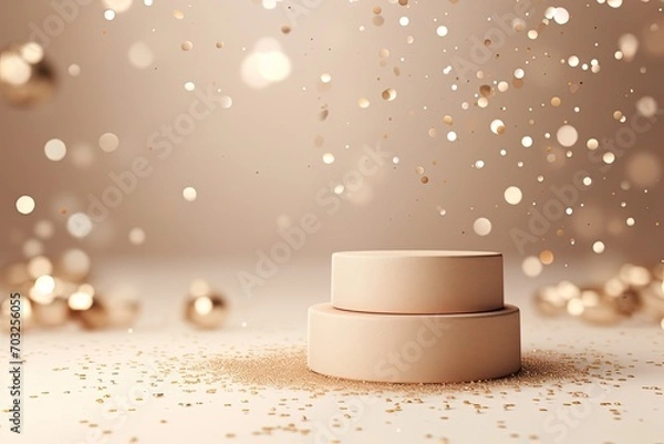 Obraz round beige podium for the presentation of luxury products. silver gold glitter and light cream blure background
