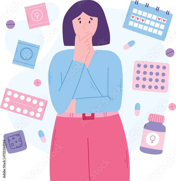 Fototapeta Various types of female contraception. Concept of a woman thinking about contraception that is suitable for her. Vector concept of choosing a contraceptive method.